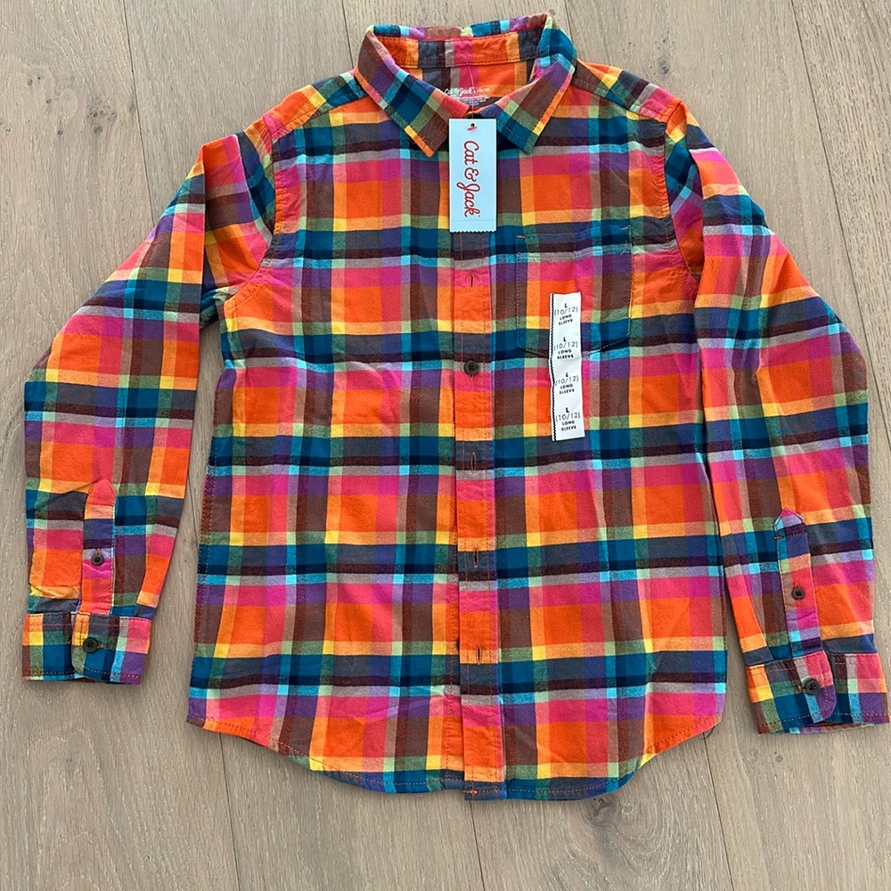 NWT Cat & Jack long sleeve light flannel plaid shirt, L 10/12